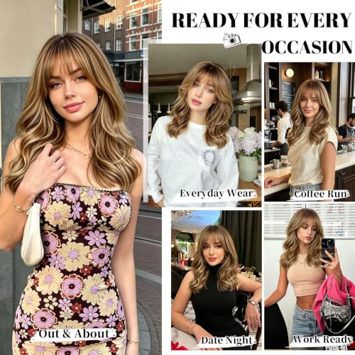 Light Brown Synthetic Wig with Bangs & Blonde Highlights - Realistic 4x4 Scalp, Layered Style for Women