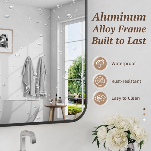 Large 55x30 Inch Rectangular Bathroom Mirror with Rounded Corners - Black Wall Mount