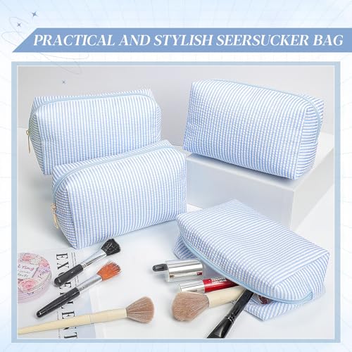 Sanwuta Light Blue Seersucker Cosmetic Bags Bulk - 6 Pcs Zippered Makeup Pouches