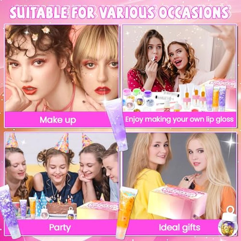 DIY Lip Gloss Making Kit 74Pcs Beginner Make Your Own Makeup Kit with Squeeze Empty Tubes,Clear Base,Pigment,Birthday, Christmas Gift for Women