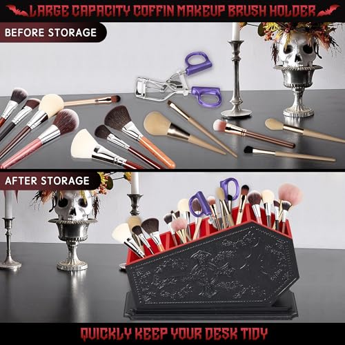Gothic Coffin Makeup Brush Holder - Red Bat Cosmetic Display Case, Witchy Vanity Organizer