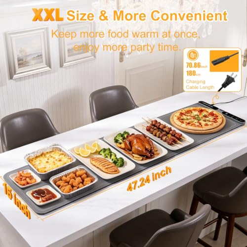 Extra Large Food Warming Mat 47x15 Inch with 7 Heat Settings & 8-Hour Timer – Gray, Flexible Buffet Warming Pad