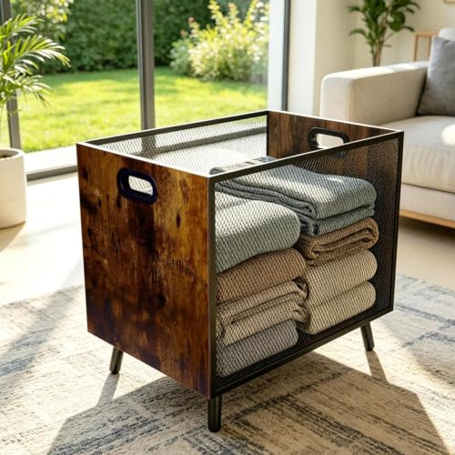 FANTERSI Rustic Brown 66L Blanket Basket Organizer - Wood & Metal Mesh Storage
