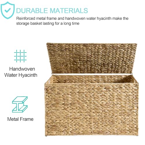 Water Hyacinth Storage Basket with Lid - 105L Natural Wicker Bin 26x15.7x15.7 Inches