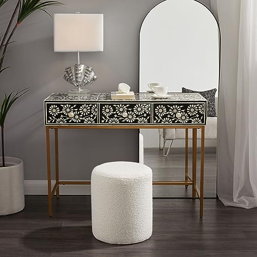 White Modern Round Ottoman with Padded Seat - Multifunctional Vanity & Footrest Stool