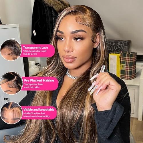 P4/27 Highlight Brown Blonde Human Hair Bundles with 4x4 Lace Closure - Ombre 3 Bundles 12 14 16 + 12 Inch Free Highlight