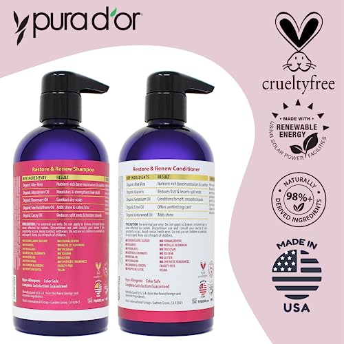 PURA D'OR Restore & Renew Shampoo and Conditioner Set for Strong, Healthy, and Nourished Hair with Organic Aloe Vera, Rosemary, Sea Buckthorn, Cacay, Coconut, Seaberry & Cedarwood