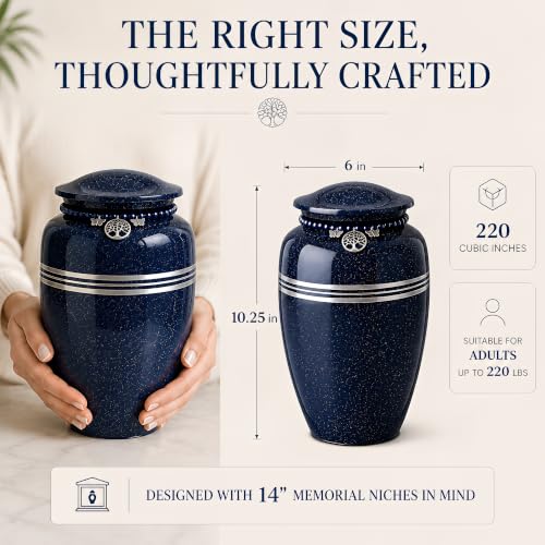 Blue Metal Cremation Urn for Adults 220 lbs - MemoryNest Memorial Urn with Silver Bands & Tree of Life Charm