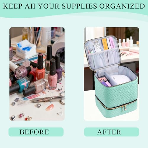 RZMAYIS Light Green Nail Polish & Manicure Organizer Bag - Holds 30 Bottles & Lamp