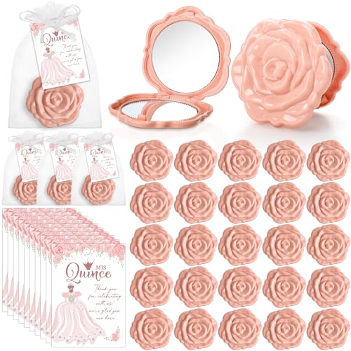 Pink Rose Compact Mirrors Party Favors - 50 Sets for Quinceañera & Sweet 16 - Elegant Guest Gifts