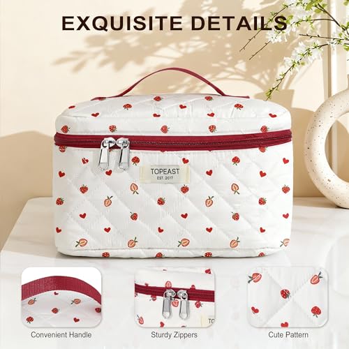 TOPEAST Makeup Bag, Large Quilted Cosmetic Bag, Big Floral Make Up Bag for Women Girls, Cute Cotton Makeup Bag Set, Flower Travel Toiletry Organizer Bag, Zipper Portable Cosmetic Pouch