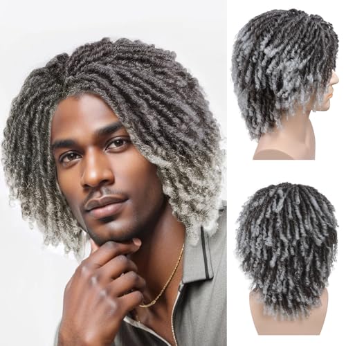 Ombre Grey Dreadlock Wig for Men 14 Inch Braided Fake Dreads with Bangs