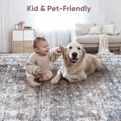 Large Washable Non-Slip Vintage Area Rug 8x10 - Grey, Boho Style