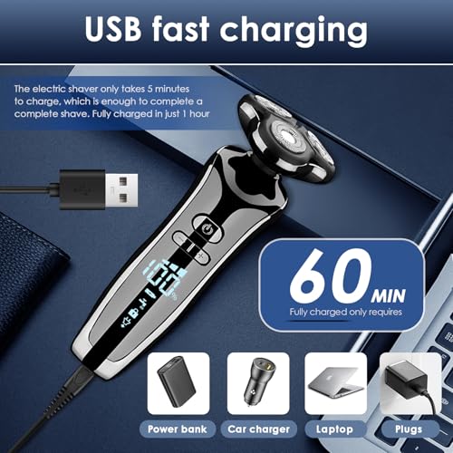 Men's Waterproof Electric Razor & Grooming Kit with Trimmer, Face Brush, LCD & Travel Lock