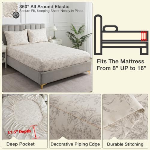 Light Beige Floral Percale Bed Sheets King Size 4-Piece Deep Pocket Set