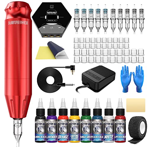 Red Tattoo Gun Kit - Rotary Pen Machine with 10 Cartridges & Ink for Beginners