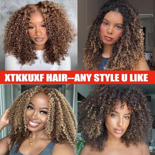 Highlight P4/27 Dark Brown to Honey Blonde Kinky Curly Clip-In Hair Extensions 14 Inch - 8Pcs, Human Hair, Brazilian Remy, Double Weft