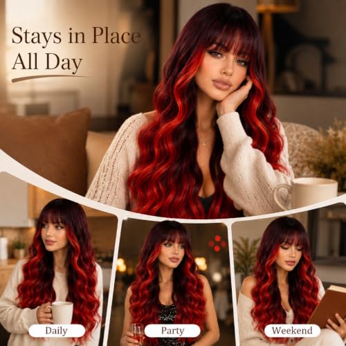 Ombre Red Layered Curly Wavy Wig with Bangs, 26 Inch Long Synthetic Hair - Customizable Bangs