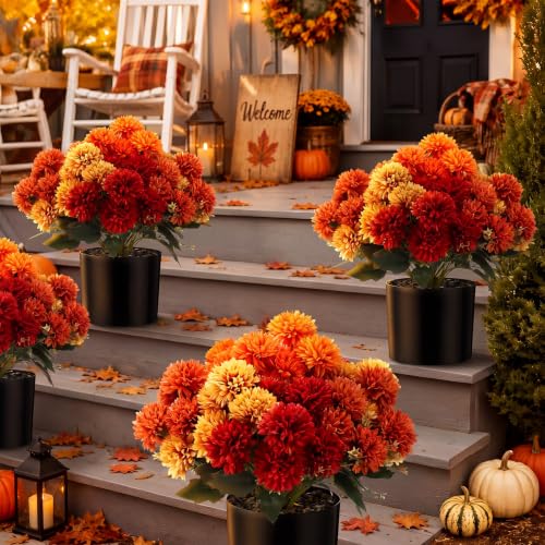 Artificial Fall Pom Pom Mums Flower Set in 15-Inch Vases - Fall Colors / Mums