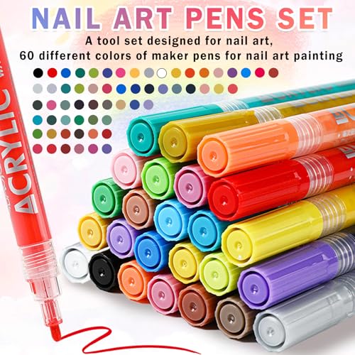 60 Colors Nail Art Pens Set - Quick Dry Nail Polish Markers for DIY & Salon