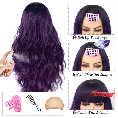 Ombre Purple Long Wavy Wig with Bangs for Women, 26 Inches, Heat-Resistant Synthetic Hair, Daily & Party Use