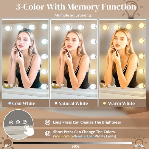Hollywood Vanity Mirror, 15 Led Bulbs£¬3 Color Lights£¬Beautiful Make Up Lighted Mirror, Aluminum Metal Frame£¨23" x 18"£©