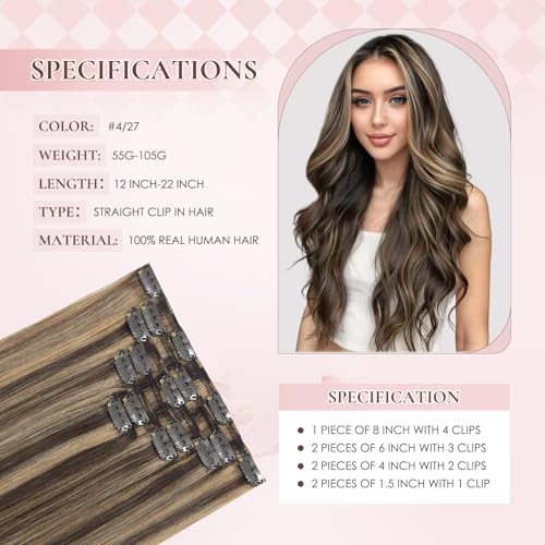 Hyssiet 12 Inch Clip-In Human Hair Extensions #4P27, 55g Thick Straight Chocolate Brown with Caramel Highlights