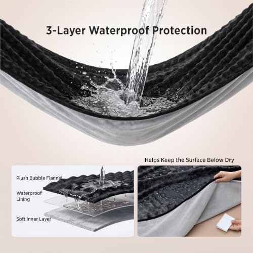 Queen Waterproof Fleece Dog Blanket - Reversible Bubble Bed Protector, Black/Grey
