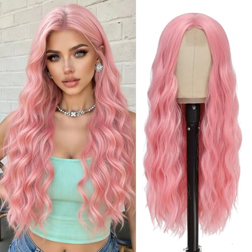 Long Pink Wavy Wig for Women 26 Inch Pastel Pink Hairpiece with Realistic Hairline - Variation of Pink