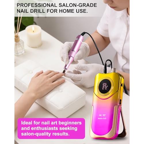 Professional Electric Nail Drill Kit 35000RPM with 14PCS Bits Purple Gold Portable Rechargeable Cordless File Machine for Acrylic Gel Powder Nails and Manicure Pedicure Toenail Tool Salon Set