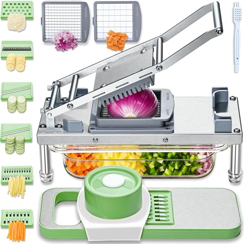 Moeuonb All-in-1 Vegetable Chopper with 8 Blades - Food Slicer & Dicer, Salad & Onion Chopper, Potato French Fry Cutter, Stainless Steel