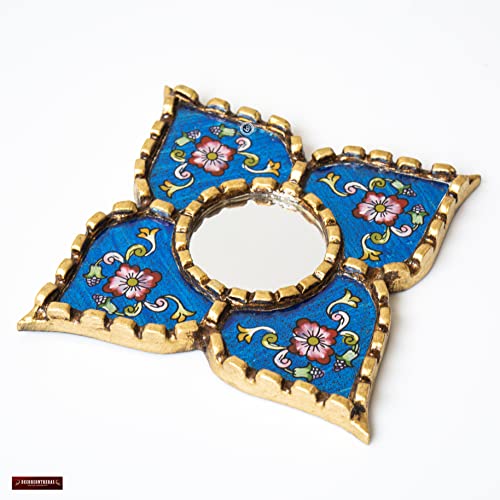 Peruvian Painted Glass Mirror with Bronze Leaf Framed - Handmade Diamond Mirror 6in for Gallery Wall (Blue)