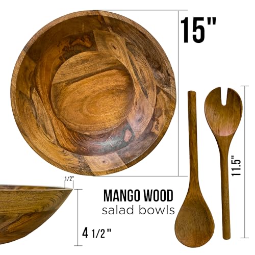 Extra Large Wooden Salad Bowl 15 Inch with Serving Utensils - Handcrafted Mango Wood Family Serving Bowl - X-Large