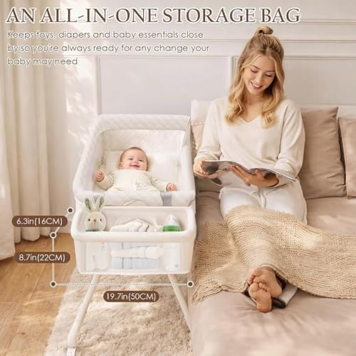 Baby Bassinet Bedside Crib with Storage & 4-in-1 Convertible Modes - White