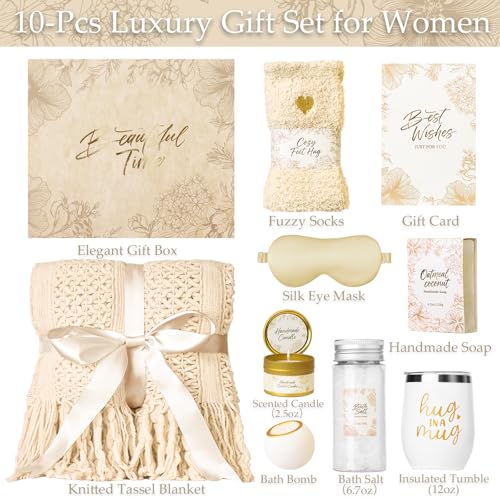 LIMSUKMF Beige Self Care Gift Basket with Knitted Throw - Cozy Home Spa Set