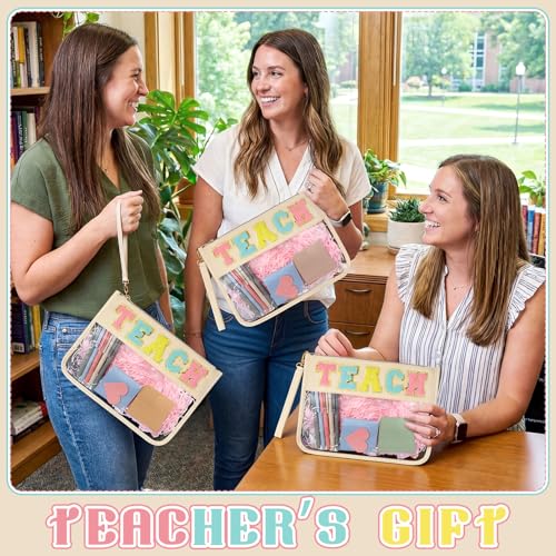 Eaasty 3 Sets Teacher Gifts Bulk Thank You Teachers Appreciation Gifts for Women Teach Chenille Letter Clear Makeup Bag Gel Pens Sticky Note Heart Bookmark Raffia for Graduation Back to School Gift