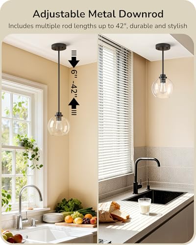 EDISHINE 2-Pack Black Glass Globe Pendant Lights for Kitchen & Dining
