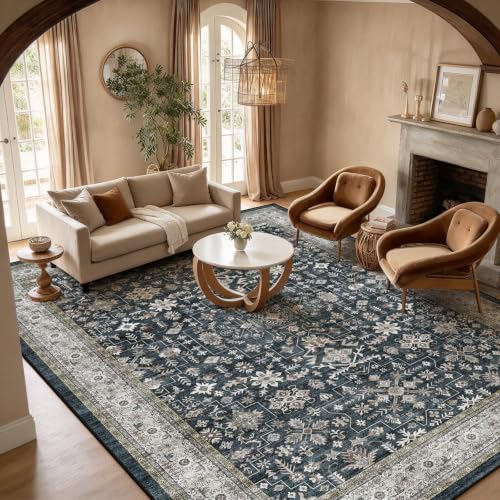 Babovid 8x10 Ash/Beige Washable Area Rug - Non-Slip Vintage Medallion, Low-Pile