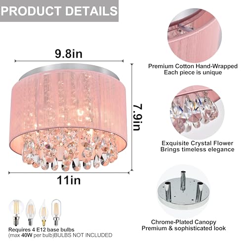 Pink Drum Flush Mount Chandelier - 3 Light Crystal Ceiling Fixture for Bedroom - 11 inch Variation