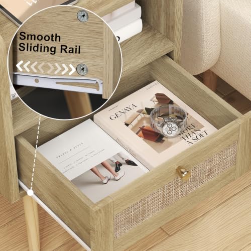 Nightstand Set of 2 with Charging Station - Rattan Side Tables, Light Oak, 15.9 x 11.8 inches, Boho Bedroom End Tables for Small Spaces