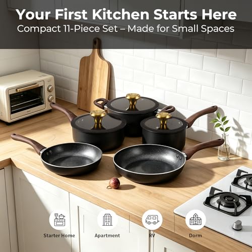 Non-Stick Ceramic Cookware Set 11 Pieces - Space-Saving Pots & Pans for Small Kitchens