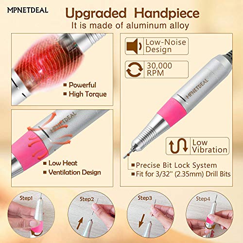 MPNETDEAL Electric Nail Drill Efile Professional Nail Drill Machine 30000RPM Tools for Acrylics Nails Natural Nails with Foot Pedal Ideal for Gel Nail at Home use or Nail Salon (Pink)