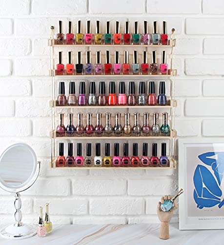 Wood Wall Mount Nail Polish Display Shelf Rack - Holds 60 Bottles, 5 Tiers, Gold & Wood Finish