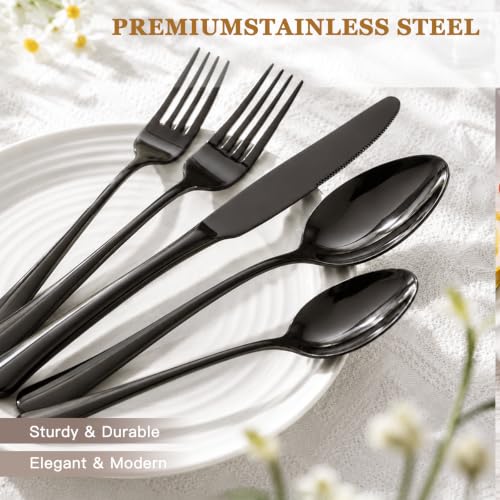 48-Piece Silverware Set with Steak Knives - Black Flatware for 8 - Food-Grade Stainless Steel - Elegant Mirror Finish