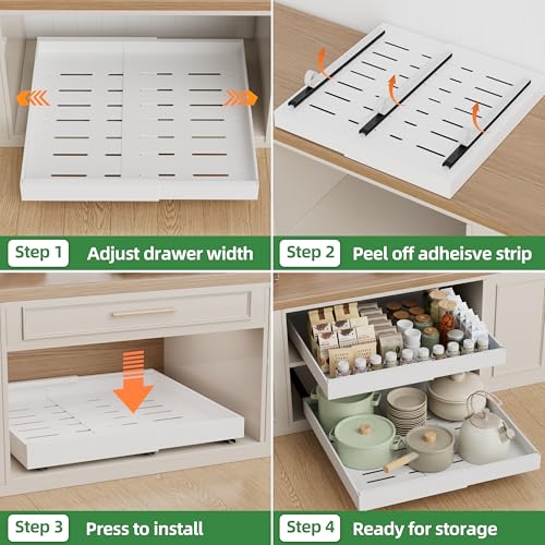 21-Inch Deep Expandable Pull Out Cabinet Organizer Set - White (2 Pack, 21"D x 12-20"W)