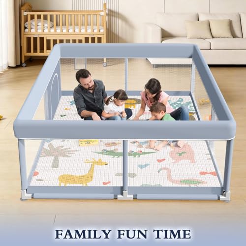 Baby Playpen with Mat 65 x 50 Inch - Indoor & Outdoor Toddler Play Yard, Skin-Friendly Fabric, Grey (Variation: With Mat)