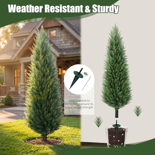 4ft Artificial Cedar Topiary Trees Set of 2 with Ground Spikes - UV Resistant Outdoor Decor, 7in Variation