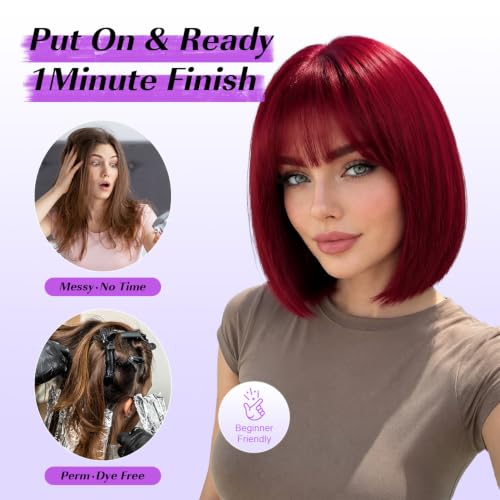 Red Short Bob Wig with Bangs - 12 Inch Synthetic Wig for Women & Girls - CURLCRAZY