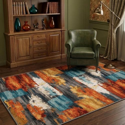 Burnt Orange and Teal Abstract Brushstroke Area Rug - 5' x 7' Rectangular, Low Pile, Non-Slip Backing