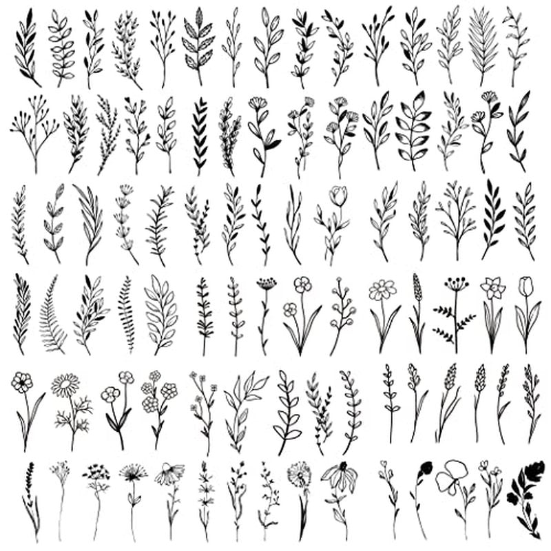 18 Sheets Realistic Temporary Tattoo, Tiny Branch Black Flower Temporary Tattoos for Women Girls Kids, Bouquet Small Tattoo Temporary Sticker Wild Plant Floral Fake Tattoos